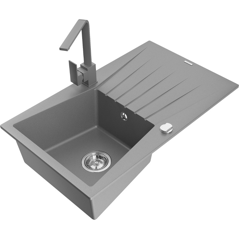 Mexen Cesar granite sink 1-bowl with drainer and kitchen faucet Rita, gray - 6514-71-670300-71