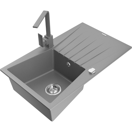 Mexen Cesar granite sink 1-bowl with drainer and kitchen faucet Rita, gray - 6514-71-670300-71