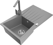 Mexen Cesar granite sink 1-bowl with drainer and kitchen faucet Rita, gray - 6514-71-670300-71