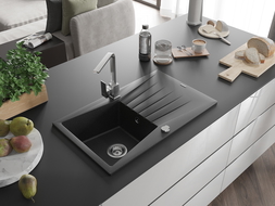 Mexen Cesar 1-bowl granite sink with drainer and Rita kitchen tap, black/silver metallic - 6514-73-670300-00