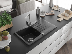 Mexen Cesar granite kitchen sink 1-bowl with drainer and kitchen faucet Rita, black/silver metallic - 6514-73-670300-00