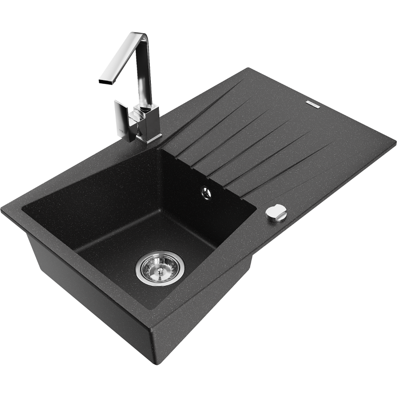 Mexen Cesar 1-compartment granite sink with a drip tray and kitchen mixer tap Rita, Black/Silver metallic - 6514-73-670300-00