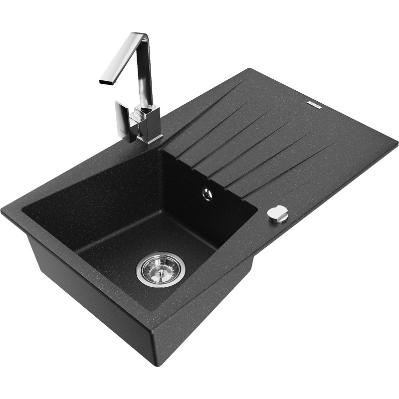 Mexen Cesar granite sink 1-bowl with drainer and kitchen faucet Rita, black/silver metallic - 6514-73-670300-00