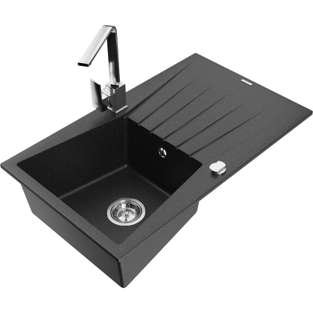 Mexen Cesar granite sink 1-bowl with drainer and kitchen faucet Rita, black/silver metallic - 6514-73-670300-00