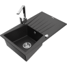 Mexen Cesar granite sink 1-bowl with drainer and kitchen faucet Rita, black/silver metallic - 6514-73-670300-00