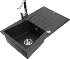 Mexen Cesar granite kitchen sink 1-bowl with drainer and kitchen faucet Rita, black/silver metallic - 6514-73-670300-00