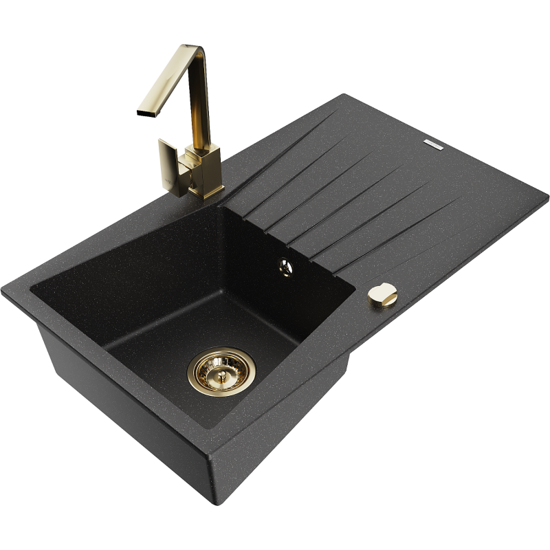 Mexen Cesar 1-compartment granite sink with a drip tray and kitchen mixer tap Rita, Black/Silver metallic - 6514-73-670300-50