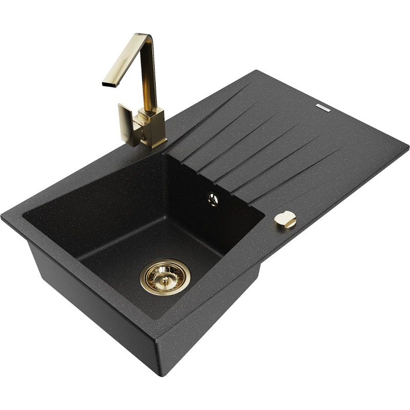 Mexen Cesar granite kitchen sink 1-bowl with drainer and kitchen faucet Rita, black/silver metallic - 6514-73-670300-50
