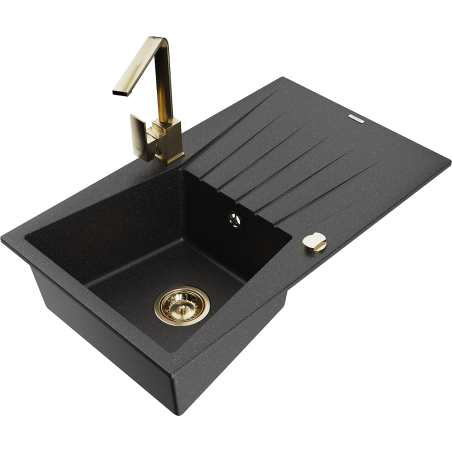 Mexen Cesar granite kitchen sink 1-bowl with drainer and kitchen faucet Rita, black/silver metallic - 6514-73-670300-50