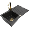 Mexen Cesar granite sink single-bowl with drainer and kitchen faucet Rita, black/silver metallic - 6514-73-670300-50