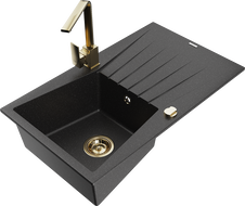 Mexen Cesar granite sink single-bowl with drainer and kitchen faucet Rita, black/silver metallic - 6514-73-670300-50