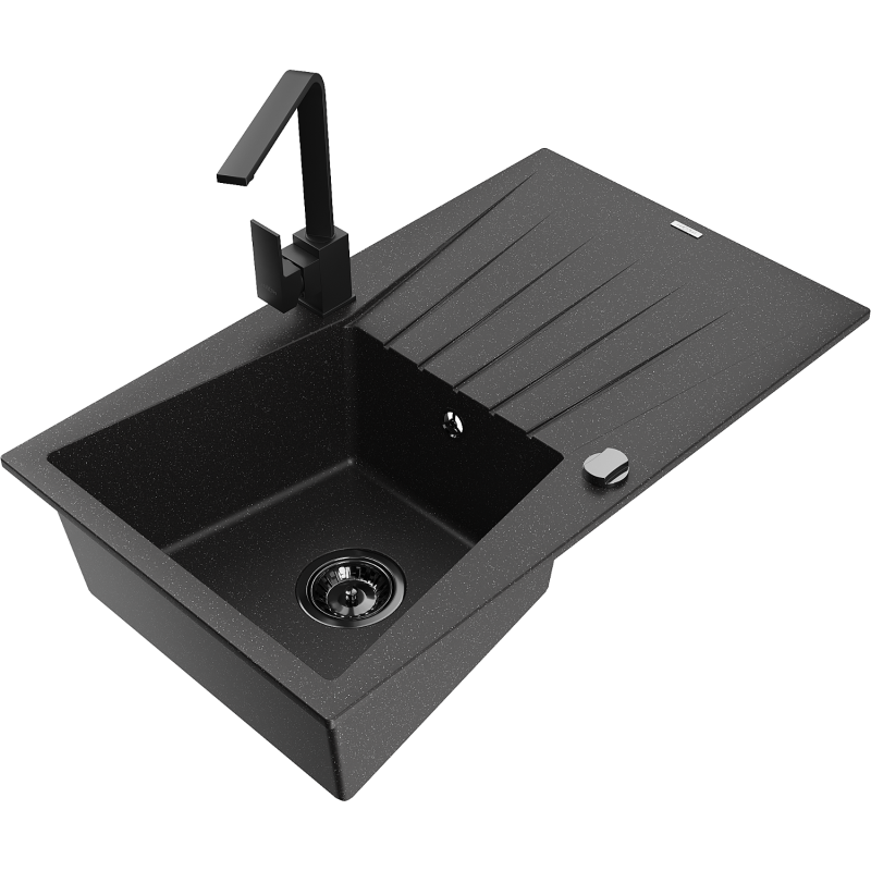Mexen Cesar 1-compartment granite sink with a drip tray and kitchen mixer tap Rita, Black/Silver metallic - 6514-73-670300-70-B