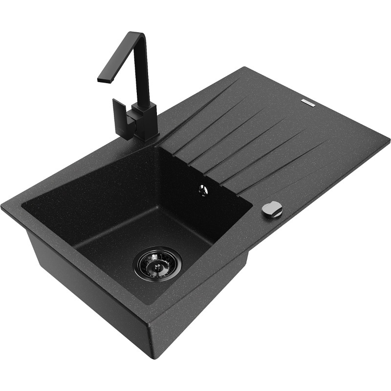 Mexen Cesar Granite Sink 1-Bowl with Drainer and Kitchen Faucet Rita, Black/Silver Metallic - 6514-73-670300-70-B
