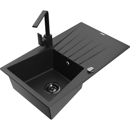 Mexen Cesar 1-Bowl Granite Sink with Drainer and Kitchen Faucet Rita, Black/Silver Metallic - 6514-73-670300-70-B
