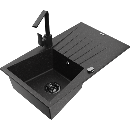 Mexen Cesar 1-compartment granite sink with a drip tray and kitchen mixer tap Rita, Black/Silver metallic - 6514-73-670300-70-B