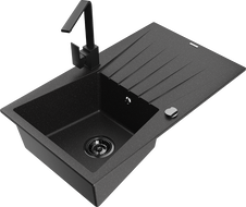 Mexen Cesar 1-bowl granite sink with drainer and Rita kitchen tap, black/silver metallic - 6514-73-670300-70-B