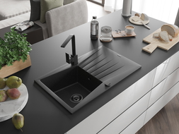 Mexen Cesar 1-compartment granite sink with a drip tray and kitchen mixer tap Rita, Black/Silver metallic - 6514-73-670300-70-B