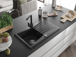 Mexen Cesar granite sink, 1-bowl with drainer and Rita kitchen tap, black/silver metallic - 6514-73-670300-70