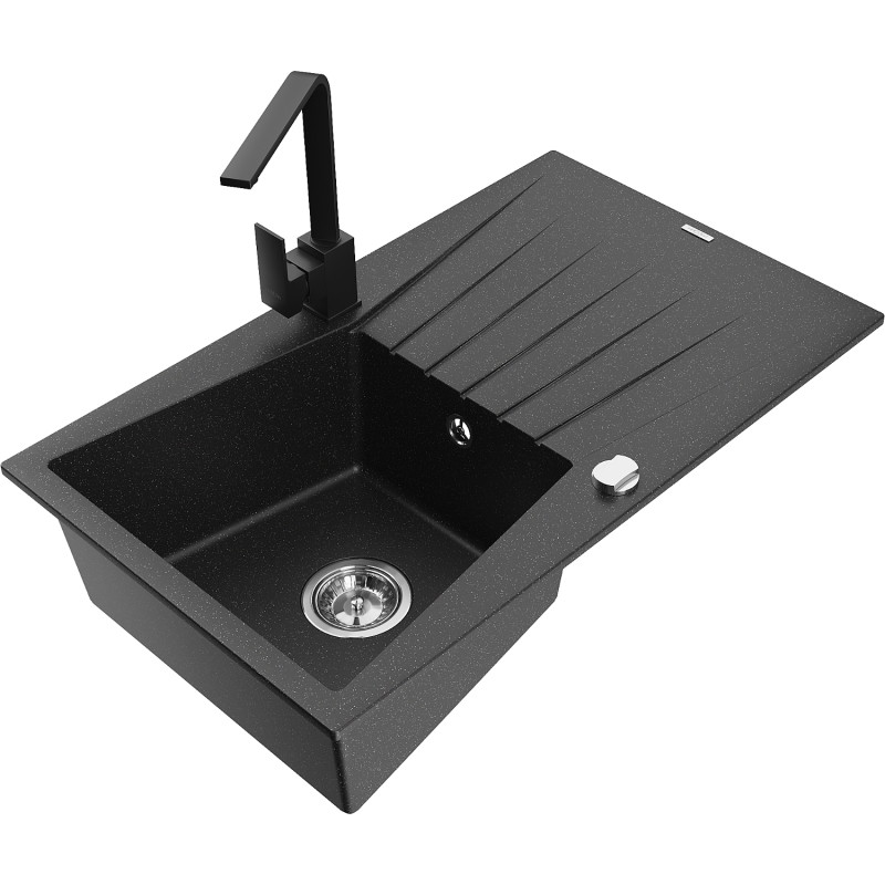 Mexen Cesar 1-Bowl Granite Sink with Drainer and Kitchen Faucet Rita, Black/Silver Metallic - 6514-73-670300-70