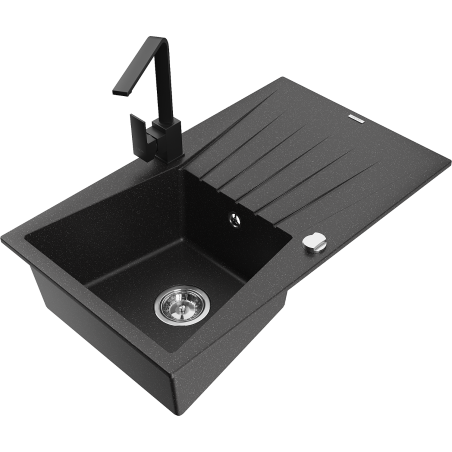 Mexen Cesar 1-Bowl Granite Sink with Drainer and Kitchen Faucet Rita, Black/Silver Metallic - 6514-73-670300-70
