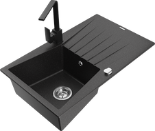 Mexen Cesar granite sink, 1-bowl with drainer and Rita kitchen tap, black/silver metallic - 6514-73-670300-70