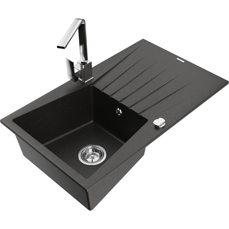 Mexen Cesar 1-bowl granite sink with drainer and kitchen faucet Rita, black/gold metallic - 6514-75-670300-00