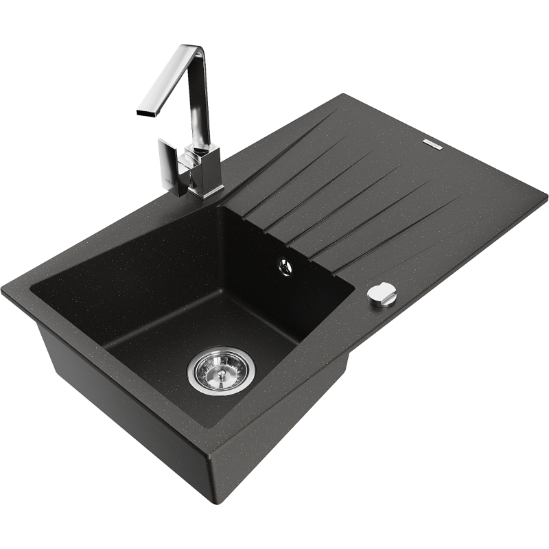 Mexen Cesar granite sink 1-bowl with drainer and Rita kitchen faucet, black/gold metallic - 6514-75-670300-00