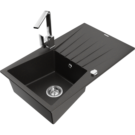 Mexen Cesar 1-Bowl Granite Kitchen Sink with Drainer and Rita Kitchen Tap, Black/Gold Metallic - 6514-75-670300-00