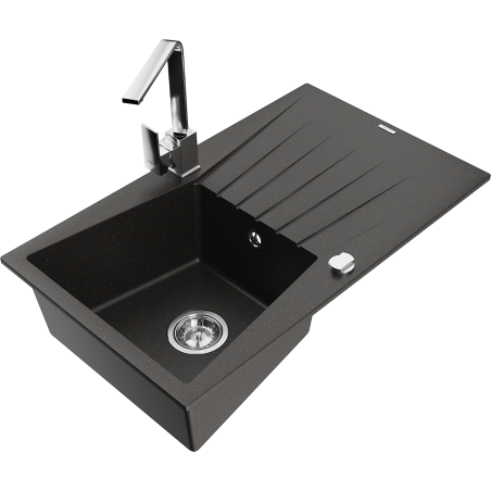 Mexen Cesar granite sink 1-bowl with drainer and Rita kitchen faucet, black/gold metallic - 6514-75-670300-00