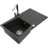 Mexen Cesar granite sink 1-bowl with drainer and Rita kitchen faucet, black/gold metallic - 6514-75-670300-00