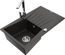 Mexen Cesar 1-Bowl Granite Kitchen Sink with Drainer and Rita Kitchen Tap, Black/Gold Metallic - 6514-75-670300-00