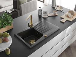 Mexen Cesar granite sink 1-bowl with drainer and Rita kitchen tap, black/gold metallic - 6514-75-670300-50