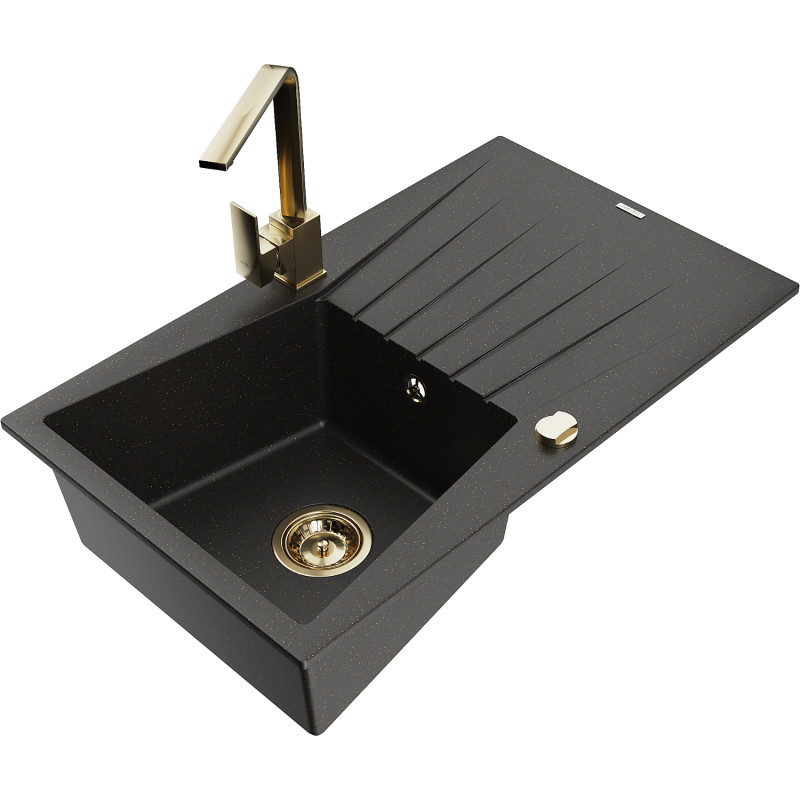 Mexen Cesar 1-bowl granite sink with drainer and kitchen faucet Rita, black/gold metallic - 6514-75-670300-50