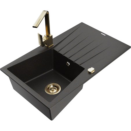 Mexen Cesar granite kitchen sink 1-bowl with drainer and kitchen faucet Rita, black/gold metallic - 6514-75-670300-50