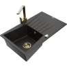 Mexen Cesar granite kitchen sink 1-bowl with drainer and kitchen faucet Rita, black/gold metallic - 6514-75-670300-50