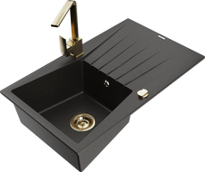 Mexen Cesar granite sink 1-bowl with drainer and Rita kitchen tap, black/gold metallic - 6514-75-670300-50