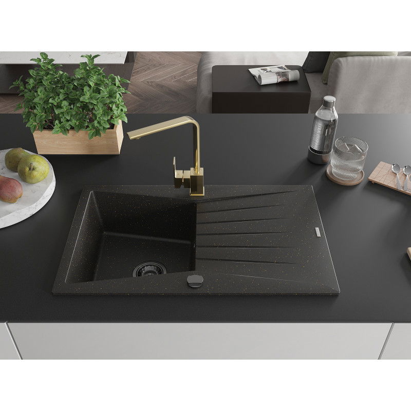 Mexen Cesar 1-bowl granite sink with drainer and Rita kitchen tap, black/gold metallic - 6514-75-670300-50-B