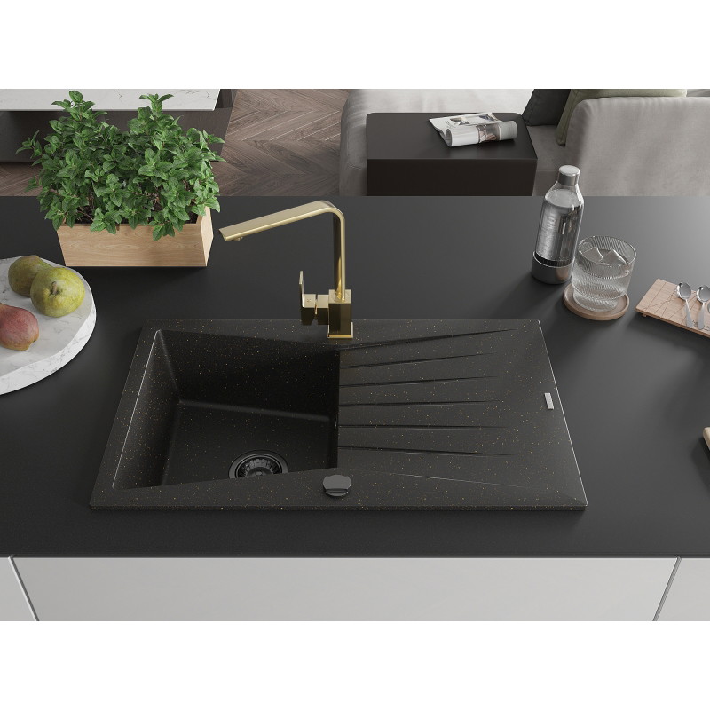 Mexen Cesar granite kitchen sink 1-bowl with drainer and kitchen faucet Rita, black/gold metallic - 6514-75-670300-50-B