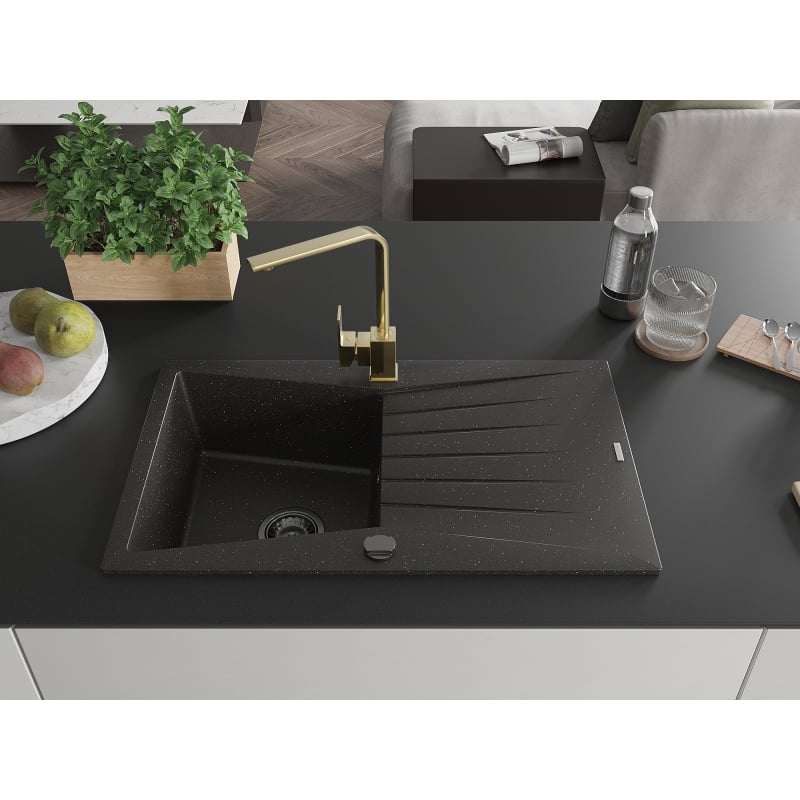 Mexen Cesar granite sink 1-bowl with drainer and Rita kitchen faucet, black/gold metallic - 6514-75-670300-50-B