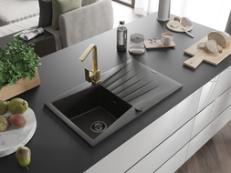 Mexen Cesar granite kitchen sink 1-bowl with drainer and kitchen faucet Rita, black/gold metallic - 6514-75-670300-50-B