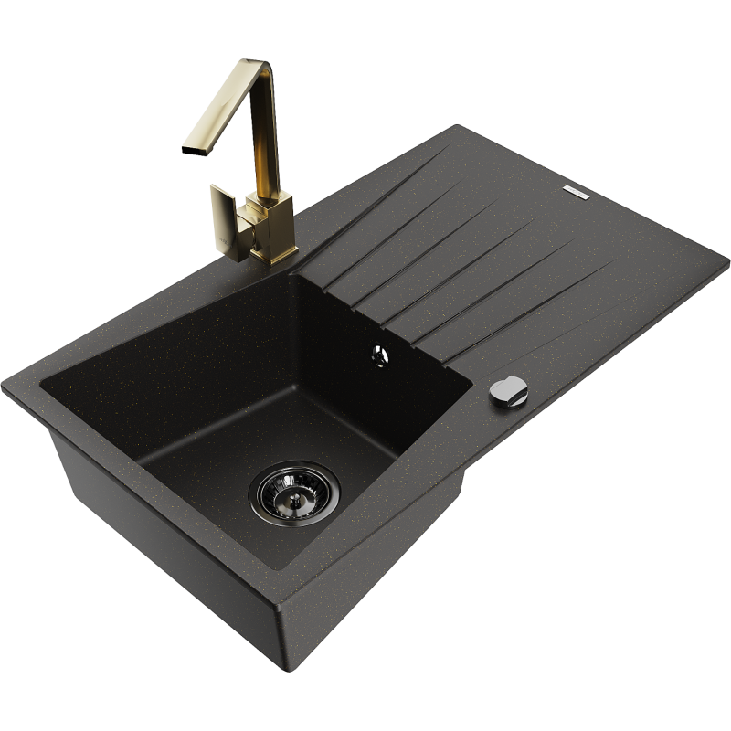 Mexen Cesar 1-bowl granite sink with drainer and Rita kitchen tap, black/gold metallic - 6514-75-670300-50-B
