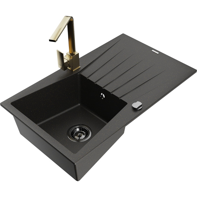 Mexen Cesar granite kitchen sink 1-bowl with drainer and kitchen faucet Rita, black/gold metallic - 6514-75-670300-50-B