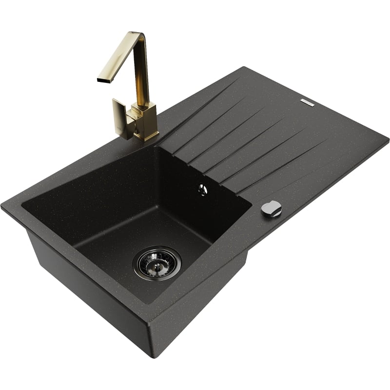 Mexen Cesar granite sink 1-bowl with drainer and Rita kitchen faucet, black/gold metallic - 6514-75-670300-50-B