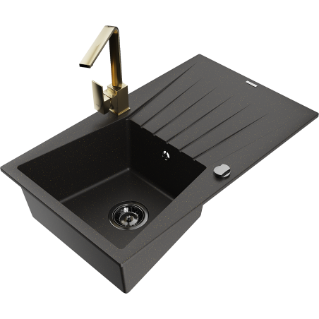 Mexen Cesar 1-compartment granite sink with a drip tray and kitchen mixer tap Rita, Black/Gold metallic - 6514-75-670300-50-B