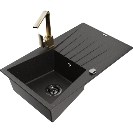 Mexen Cesar granite sink 1-bowl with drainer and Rita kitchen faucet, black/gold metallic - 6514-75-670300-50-B