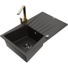 Mexen Cesar granite kitchen sink 1-bowl with drainer and kitchen faucet Rita, black/gold metallic - 6514-75-670300-50-B