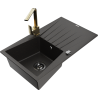 Mexen Cesar granite sink 1-bowl with drainer and Rita kitchen faucet, black/gold metallic - 6514-75-670300-50-B