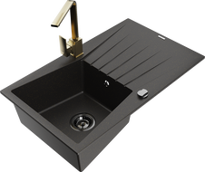Mexen Cesar granite kitchen sink 1-bowl with drainer and kitchen faucet Rita, black/gold metallic - 6514-75-670300-50-B