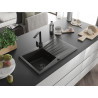 Mexen Cesar granite sink 1-bowl with drainer and kitchen faucet Rita, black/gold metallic - 6514-75-670300-70-B