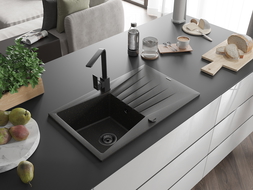 Mexen Cesar 1-compartment granite sink with a drip tray and kitchen mixer tap Rita, Black/Gold metallic - 6514-75-670300-70-B